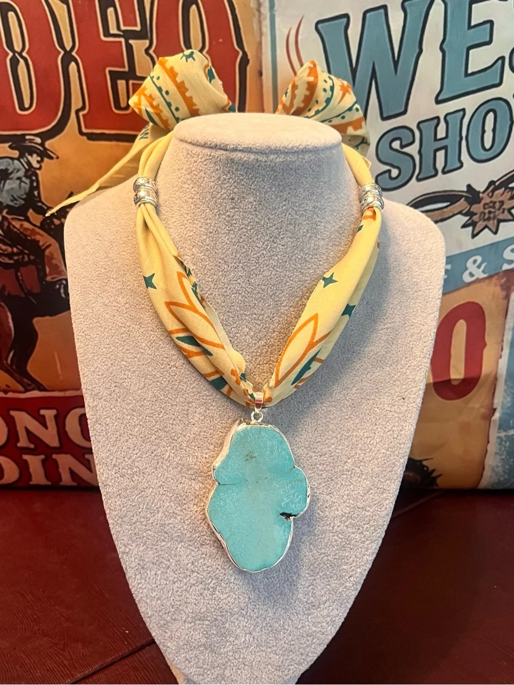 Handmade Turquoise Pendant Prairie Style Bandana, Wild Rag Length, Nostalgic